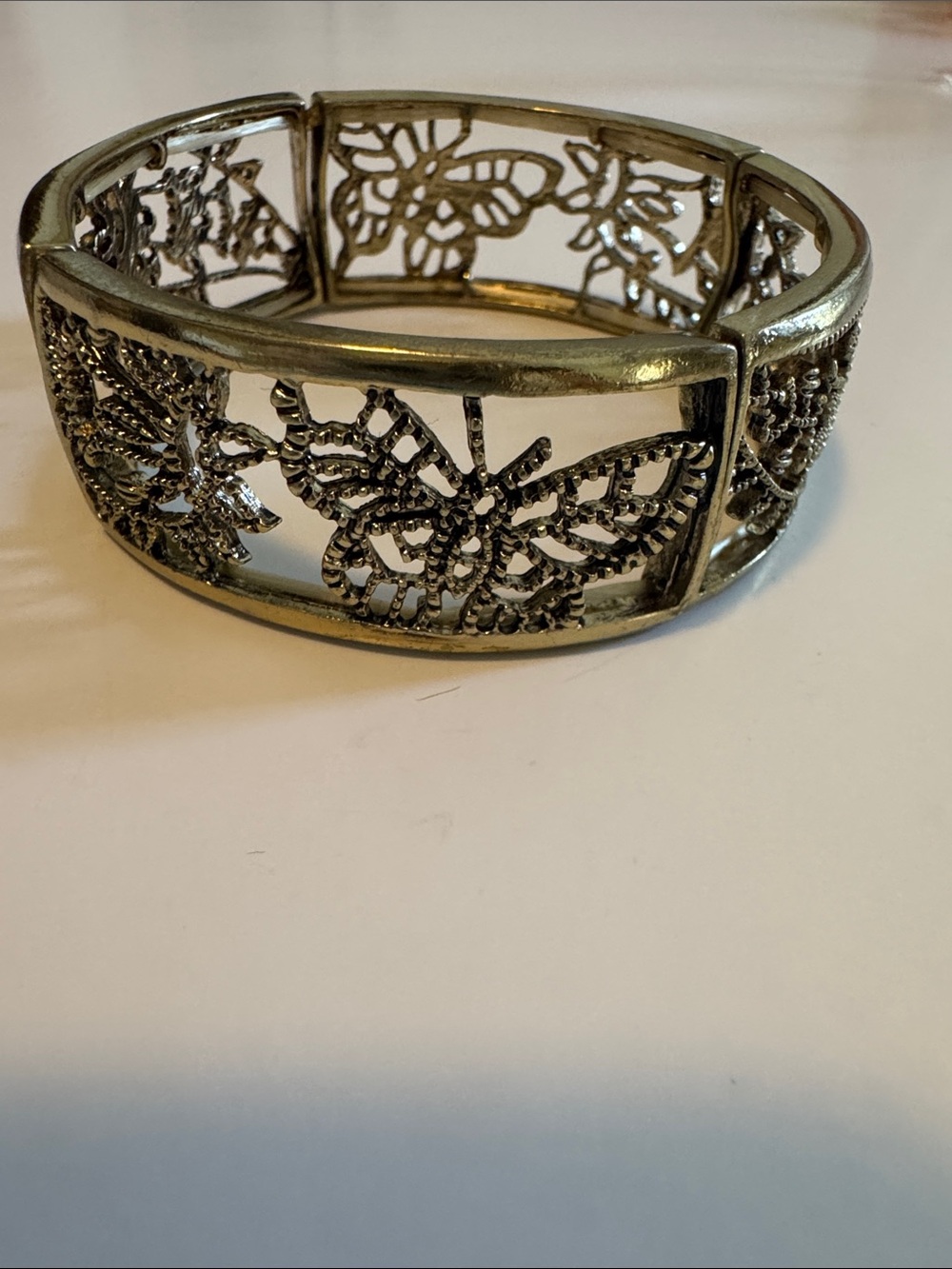 Butterfly Filigree Metal Stretch Bangle Bracelet - Gold Tone